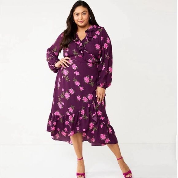 Draper James RSVP Ruffle Wrap Midi Floral Plum‎ Dress Size XXL - Picture 1 of 8